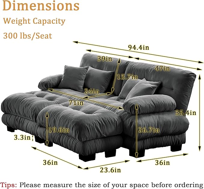 Cloud Couch Modular Sectional Sofa Loveseat U Shaped Couch with Ottoman Sectional Couches for Living Room Oversized Deep Seat Sofa with Round Bolster Armrests 4 Pillows Gray
