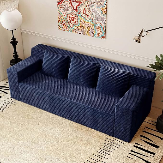 71 Small Boneless Couch Corduroy 3 Seater Couch for Living Room with 3 Pillows &amp Armrests Deep Seat Sofa for Small Spaces Apartment﻿ (Antique Blue) | Small Boneless Couch