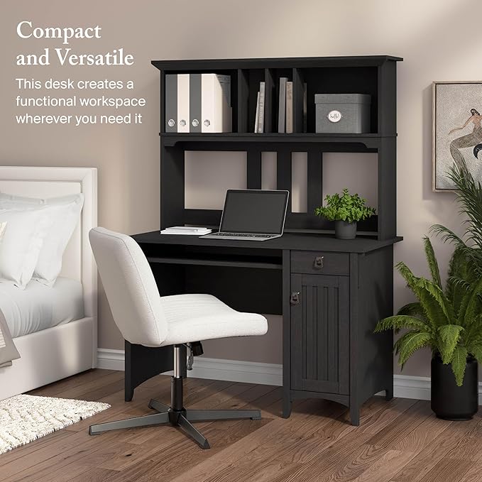 Bush Home Salinas Computer Desk with Hutch | Study Table with Drawers Cabinets &amp Pullout Keyboard/Laptop Tray | Modern Home Office Desk in Vintage Black | Work Desk with Storage
