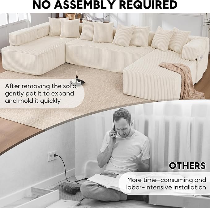 Oversized Cloud Boneless Couch 146 Modular Sectional Sofa with Deep Seat Chaise Fluffy U Shaped Couches for Living Room Comfy Plush Corduroy Sofa with 8 Pillows No Assembly Beige White