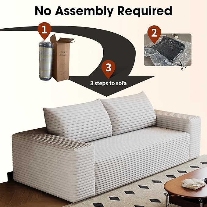 KEIKI 63 Corduroy Loveseat Sofa Comfy Deep Seat 2-Seater Couch with Adjustable Arms Modern Upholstered Love Seat with Pillows for Small Spaces White