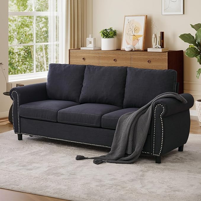 Queen Size Pull Out Sofa Bed 3 in 1 Linen Convertible 3-Seater Sleeper Sofa Bed with Memory Form Mattress Pull Out Couch with Nailhead Trim &amp Roll Arms for Living Room Bedroom Small Space(Grey