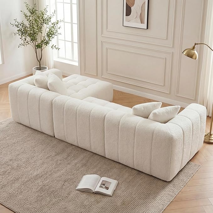 107.9“Cloud Sectional Boneless Couch Modular Sofa with Deep Seat 5 Pillows L-Shaped Free Combination Soft Boucle Fabric 1400 lbs Capacity Living Room Apartment. (Cream Right Hand Facing) | No Assembl