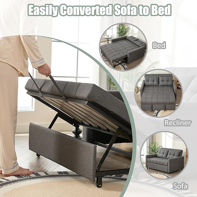 52 Sleeper Sofa with Pull-Out Bed 3-in-1 Convertible Sofa Bed Set of Loveseat with Stepless Adjustable Backrest and Side Pocket for Living Room Dorm Apartment Linen Dark Gray