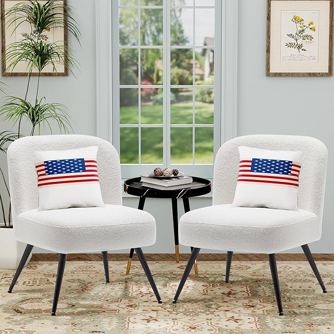 Andeworld Modern Accent Chair Set of 2 Upholstered Sherpa Velvet Living Room Chairs Elegant Armless Cute Small Side Club Chair with Golden Legs for Bedroom-White