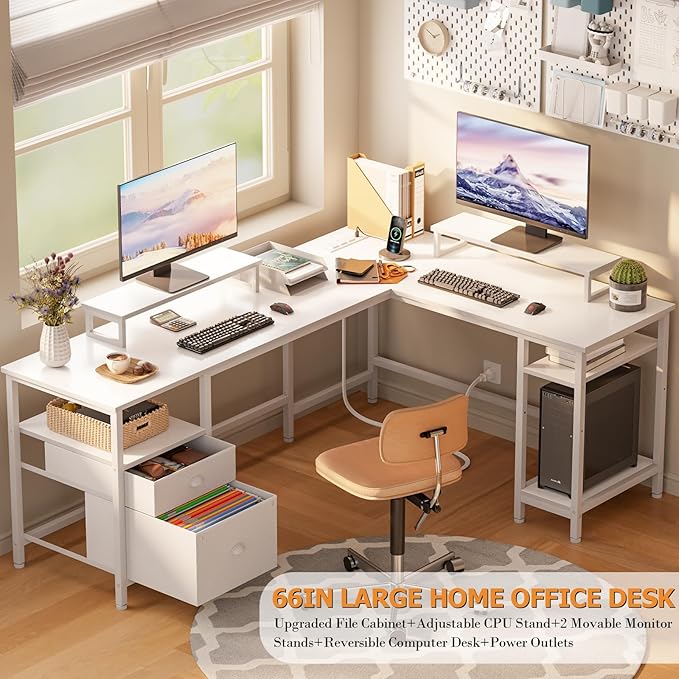 Furologee 66” L Shaped Desk with Power Outlet Reversible Computer Gaming Desk with File Drawer &amp 2 Monitor Stands for Home Office with Storage Shelves White
