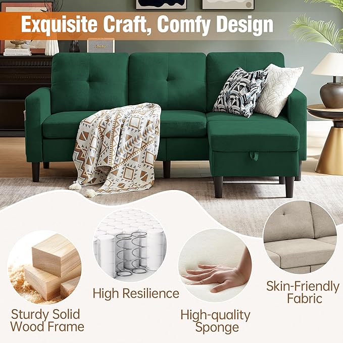 Sectional Sofa Couches for Living Room L Shaped Couch 3-Seat Convertible Sectional Sofas with Removable Storage Ottoman Modern Polyester Fabric (Green)