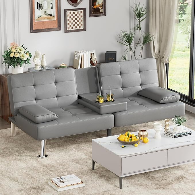 Homall Futon Sofa Bed Leather Futon Couch with Removable Armrests Adjustable Recliner Sleeper Sofa Bed with Dual Cup Holders for Living Room Apartment Office (Gray)