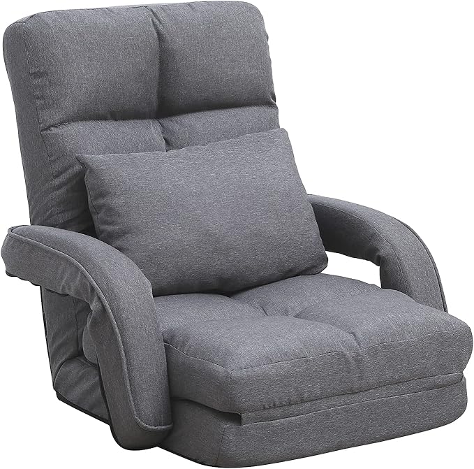 Indoor Floor Chair with Armrest and Pillow Folding Chaise Lounge Sofa 14-Position Adjustable Comfy Gaming Recliner Chair Padded Seats for Adults (Grey)