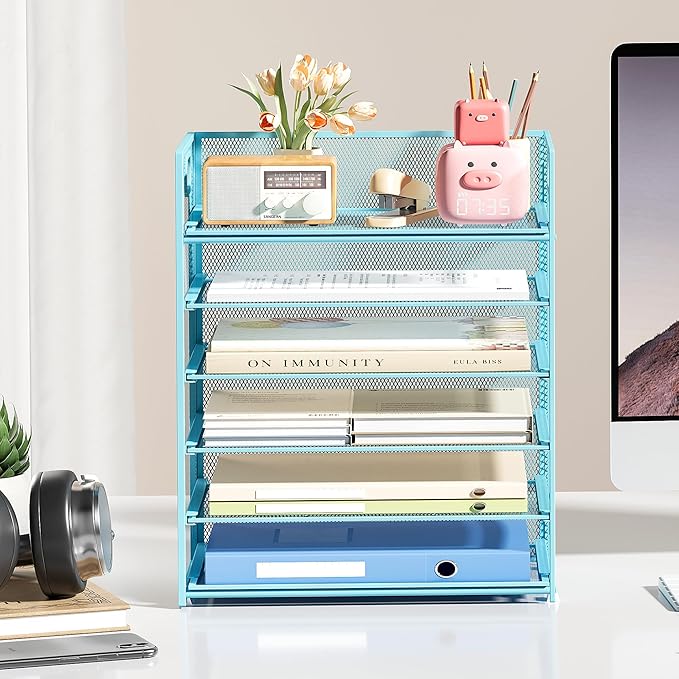Subekyu 6 Tier Office File Paper Desk Tray Organizer with Handle Stackable Slide Mesh Letter Tray Folder Blue Desk Organizer Desktop Document Sorter for Classroom Office Home Supplies Storage