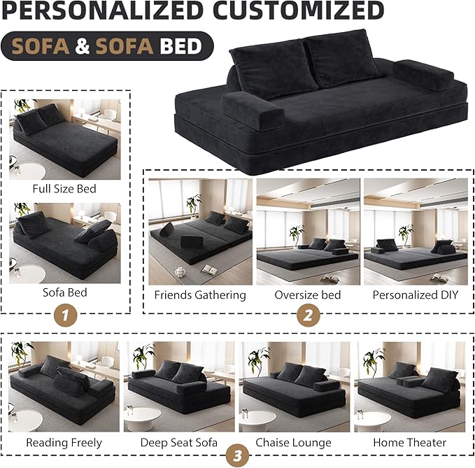 86.6 Queen Floor Sleeper Sofa Bed | Convertible Foam Folding Mattress Couch | King Size Futon Couch Bed for Adjustable Backrests | Sleeper Lounge Chair for Living Room Playroom Apartment Dark Grey