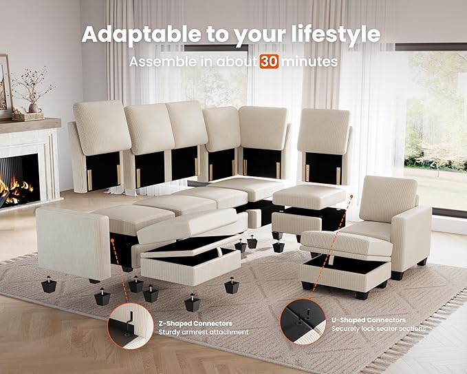 CHIC HOUSE Corduroy Modular Sectional Couch with Ottoman Chaise L/U Shaped Sleeper Sofa for Living Room Apartment Lounge Modern Armrest Neck Support Furniture (6 Seater Sectional Beige)