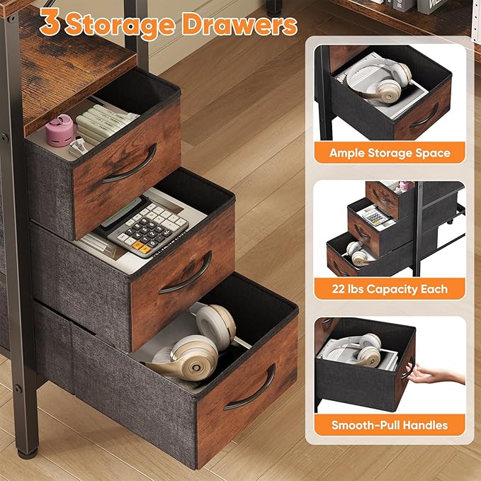 DUMOS L Shaped Desk with Shelf Drawers 55 Inch Brown Corner Computer Desks Gaming with Power Outlet Study Table with Adjustable Shelves Home Office Tables for Bedroom Teacher Reading Writing