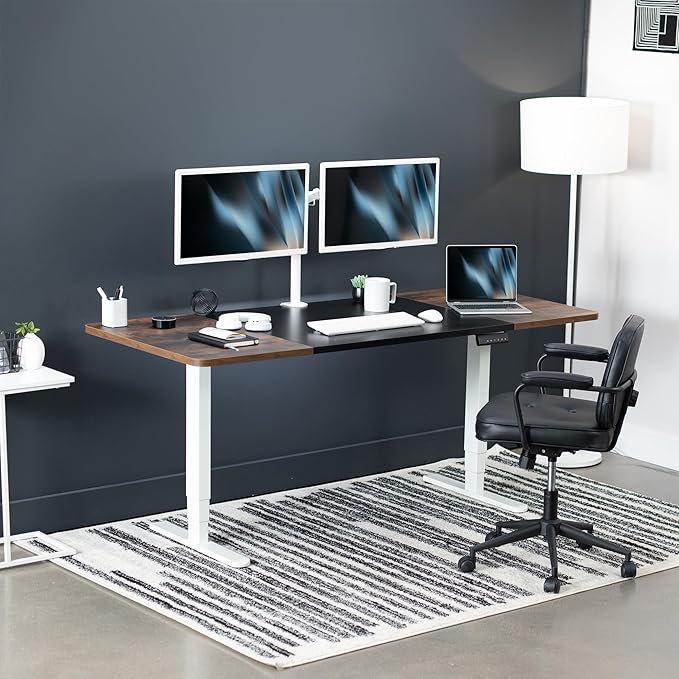 VIVO Electric 71 x 30 in Dual Motor Rustic Sit Stand Desk Memory Height Adjustment 2B Series Black and Vintage Brown Top White Frame DESK-KIT-2W7BN