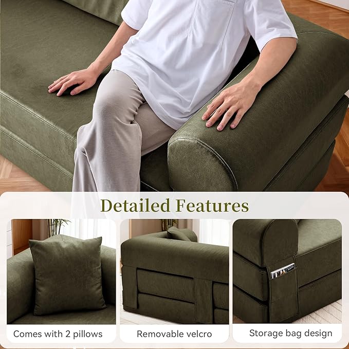 4-in-1 Folding Convertible Sofa Bed 78 Inch Faux Leather Boneless Couch Loveseat Sleeper with Pull Out Bed Floor Sofa Modular Futon Teddy Sofa for Living Room Bedroom Lounge Green