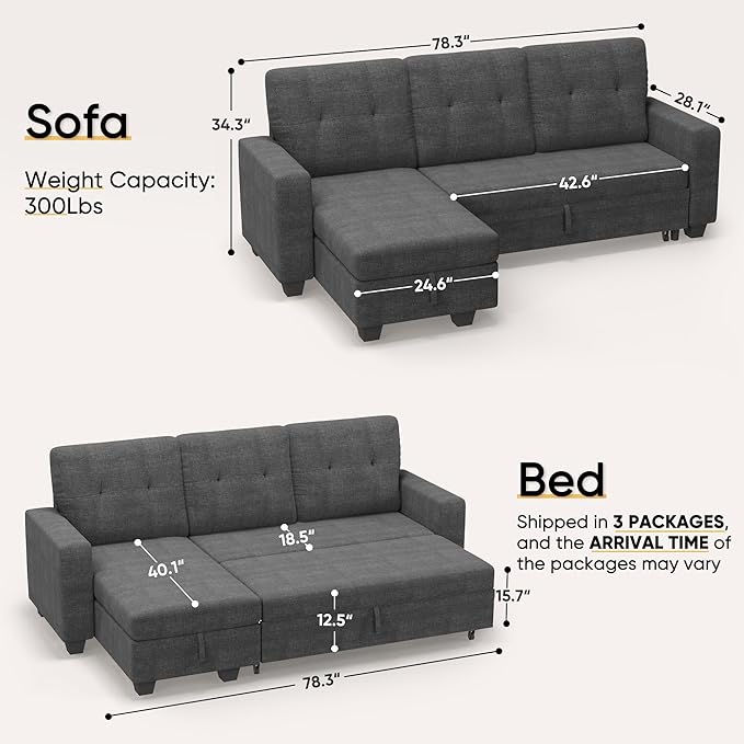 Homall Sleeper Sofa Bed Couch with Pullout Bed and Reversible Storage Chaise L Shaped Sofas for Apartment Small Space (Linen Fabric Dark Grey)