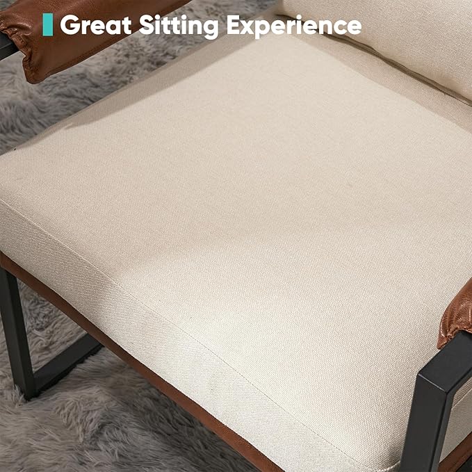 JOYBASE Modern Accent Chair Mid Century Modern Chair Armchair Metal Frame Comfy Reading Chair Lounge Arm Chair for Living Room Bedroom (Beige &amp Brown Linen)