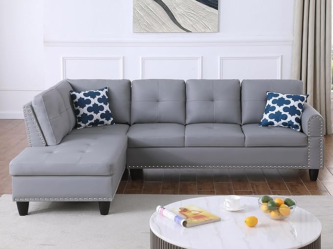 98 Faux Leather Sectional Sofa with Left Facing Chaise L-Shaped 5 Seater Conrner Couch with Removable Storage Ottoman and Hidden Cup Holders for Living RoomGray
