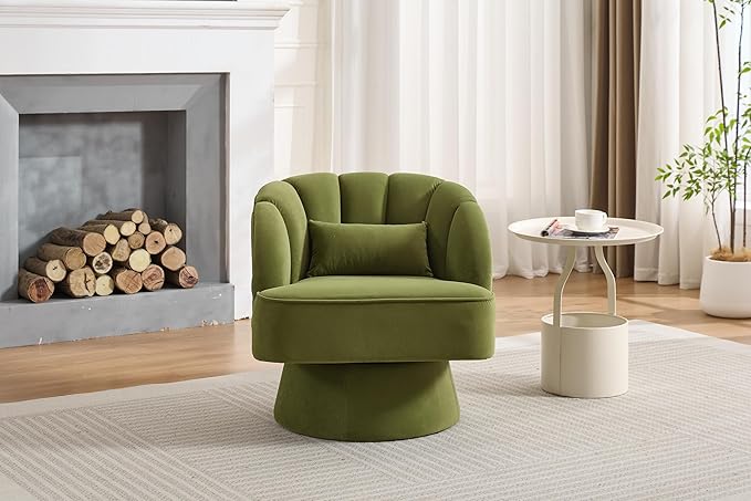 Swivel Barrel Chair - Velvet Upholstered Modern Armchair with Striped Backrest &amp Plush Padding Round Lounge Chair for Living Room Bedroom Small Spaces Green - (1 Pcs)