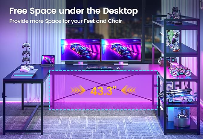 SEDETA L Shaped Gaming Desk 63'' Reversible Computer Desk with Power Outlet and Storage Shelves Corner Gaming Desk with LED Lights Bookshelf for Home Office Black