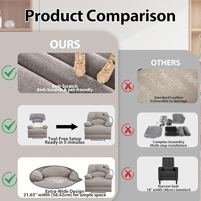Oversized Recliner Chairs with Phone Holder Large Recliner Soft Fabric Overstuffed Big Man Recliner for Heavy Duty Adults for Living Room Bedroom Nursery RV Brown