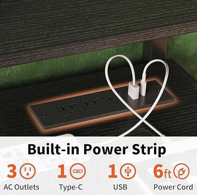 JOISCOPE Home Office Desk with Power Outlets (3AC USB Type-C) 60 × 20 Inch Computer Desk with 3 Drawers &amp Shelves Laptop Table with Display Riser Gaming Study Drafting Table for Bedroom Blac