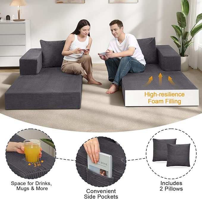 COMAX Boneless Couch Futon Sofa Bed Couches Versatile Queen for Living Room 79 4 in 1 Convertible Sleeper Corduroy Couch Foam in a Box Foldable Fold Out Floor Mattress No Assembly Required Grey