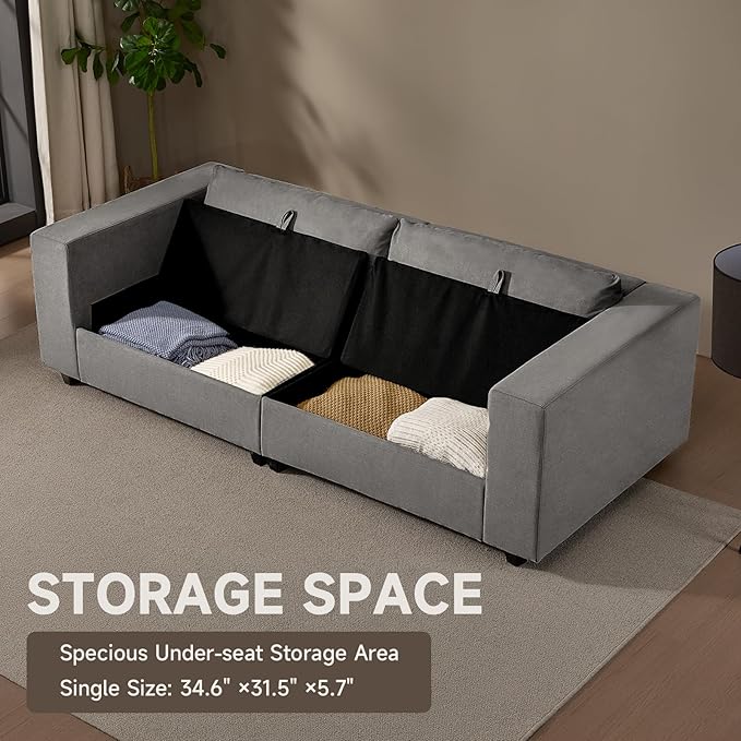 87'' Sofa Couch with Hidden Storage Space Modern Sofa for Living Room Comfy Upholstered 2-Seater Large Couch with Extra Deep Seat for Apartment Gray
