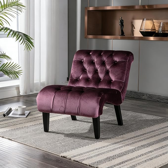 Accent Chair Living Room Reading Chairs Comfy Velvet Upholstered Mid Century Modern Accent Chair Tufted Back Armless Chair with Wooden Legs for Living Room Bedroom Office Purple