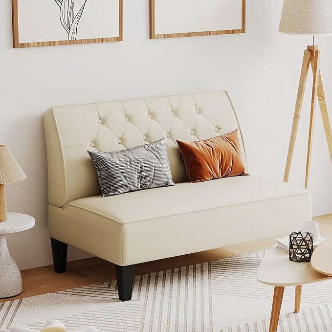 Alunaune Upholstered Loveseat Bench Couch for Bedroom Modern Anti Scratch Cushioned Armless Settee Small Love Seat Sofa Faux Leather Living Room Couch-Beige