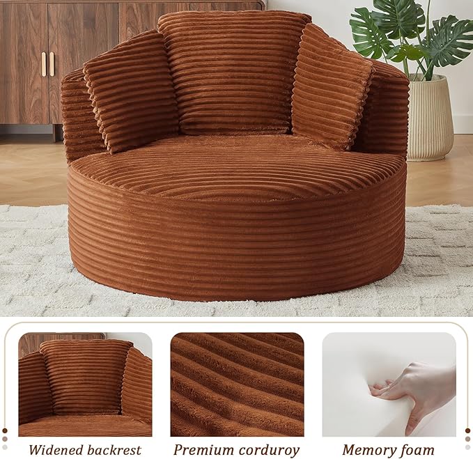 Round Chair Lounge Chaise Indoor 48.8 Oversized Sofa Chair Upholstered Corduroy Deep Seat Sleeper Sofa Bed No Assembly Required for Living Room Bedroom Apartment Orange