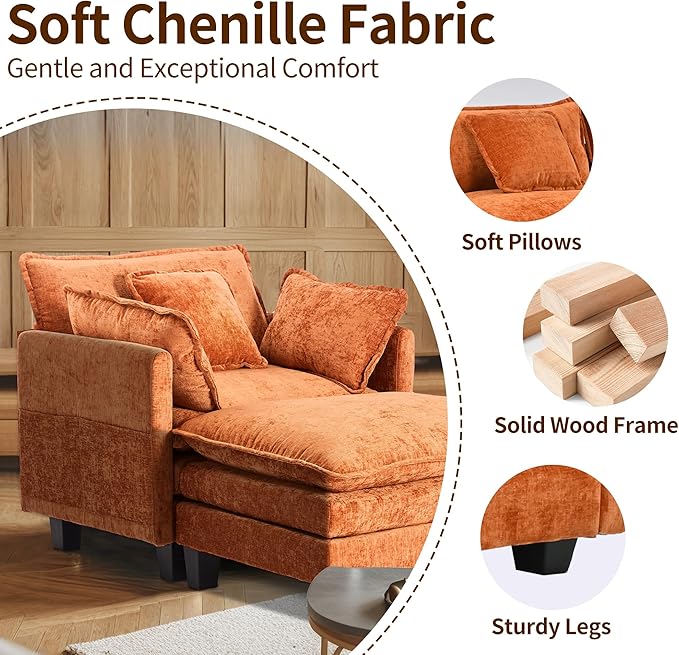 SweetGO corporation 40 Chenille Lounge Chair for Reading Modern Couch Cozy Sofa Bed Upholstered Living Room Single Sofa Accent Chair with Ottoman Orange