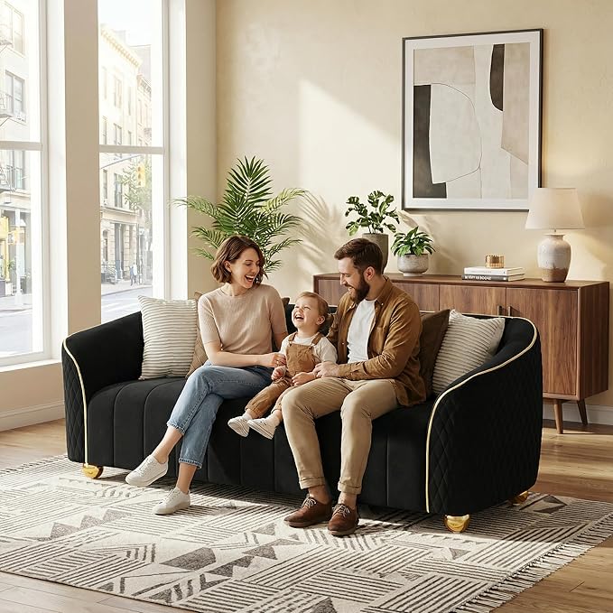 85 3-Seater Velvet Sofa - Modern Plush Spring Cushion Solid Wood Frame Spacious Deep Seat for Small Spaces Family Living Room &amp Office (Black 3S)