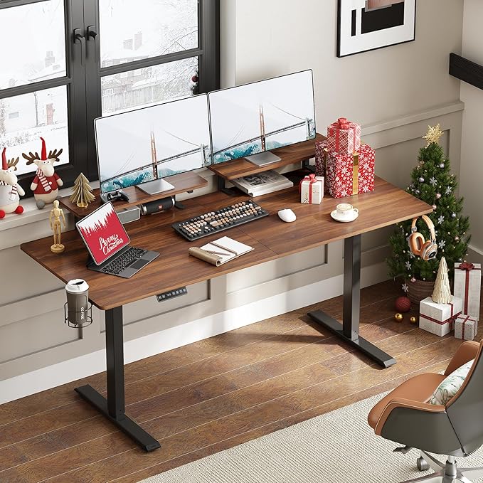 ONBRILL Standing Desk with 2 Adjustable Monitor Shelves 71 x 24 Inches Electric Stand Up Desk with Memory Controller and Adjustable Height from 28-46 inches for Computer Workstations Walnut