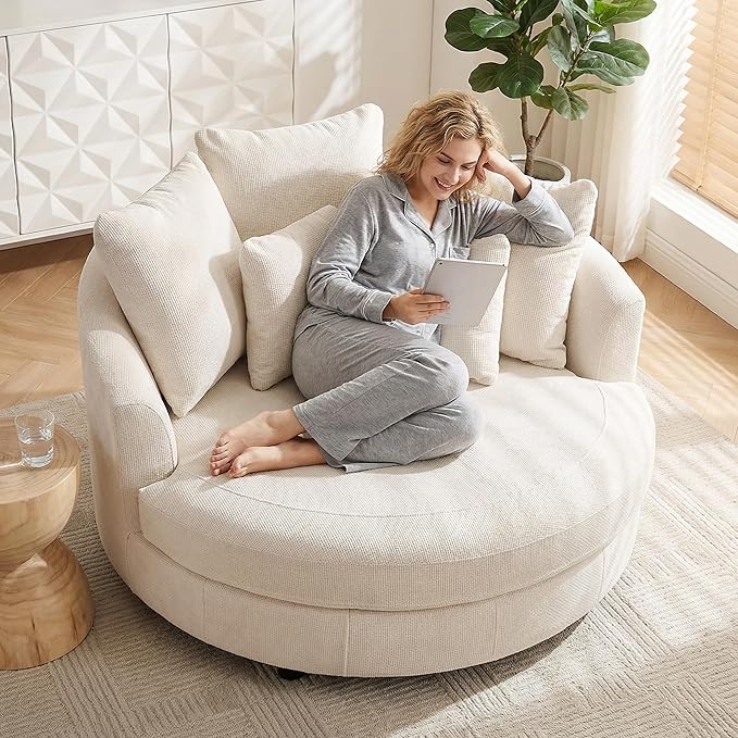 Aoiy &amp Wifon 59.8 W Oversized Barrel Chair Round Accent Chair with Wheels Extra Large Living Room Chair Knitted Chenille Beige