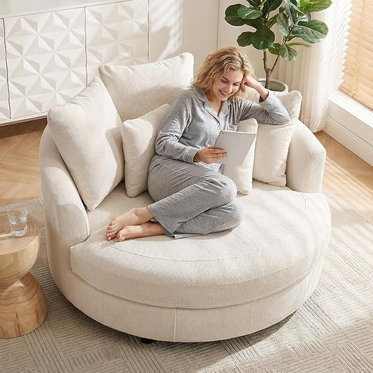 Aoiy &amp Wifon 59.8 W Oversized Barrel Chair Round Accent Chair with Wheels Extra Large Living Room Chair Knitted Chenille Beige