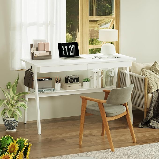 Solid Wood Desk with Drawers - 47.2 Inch Writing Desk with Drawers &amp Storage Shelf Simple Modern Study Table Home Office Computer Desks for Bedroom &amp Home White Desks