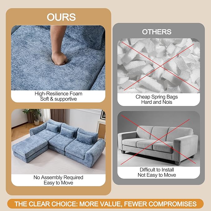 105” Modular Sectional Sofa Convertible Sofa BedTransforms into Single or Double Sofa Chenille Fabric Cloud SofaModern Soft Boneless Comfort No Assembly Required Blue