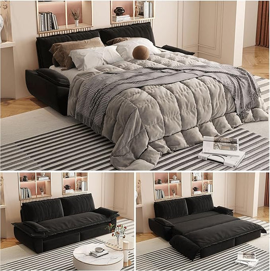 73.2 Queen Size Pull Out Sofa Bed 3-in-1 Convertible Sleeper Velvet Loveseat for Living Room Apartment Bedroom Small Spaces Black (Mattress &amp Bedding Not Included)
