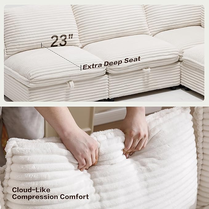 125 Oversized Modular 6 Seater Sofa with Removable Covers and Storage Convertible U L-Shaped and Sleeper Sectional Modern Corduroy Couches with Ottoman Chaise for Living Room Apartment White