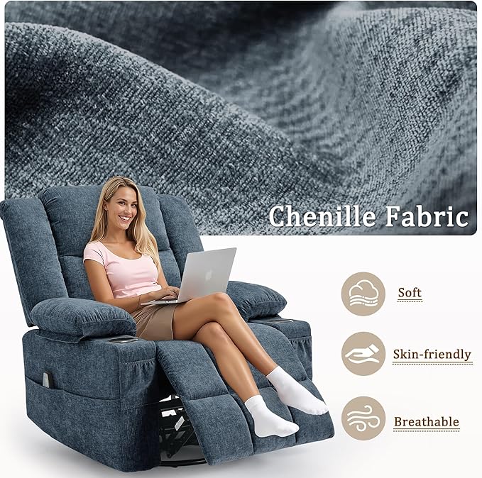 Adult 360° Swivel Recliner Chair with Massage and Heating Functions Suitable for Nurseries Features a Cup Holder and Manual Seat Adjustment Ideal for Living Rooms and Bedrooms (Fabric Blue)
