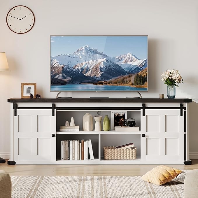 GAOMON 70 Farmhouse TV Stand for 80/75/70 Inch TVsEntertainment Center Storage Cabinets w/Power Outlets and Sliding Barn DoorRustic TV Stands for Living RoomMedia Console Cabinet (Black/White)