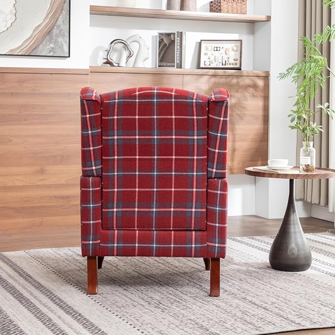 Modern Accent Chair with Retro Wood Legs Comfy Upholstered ArmchairTantan Check Design Single Sofa Chair for Living Room Bedroom Office - Red