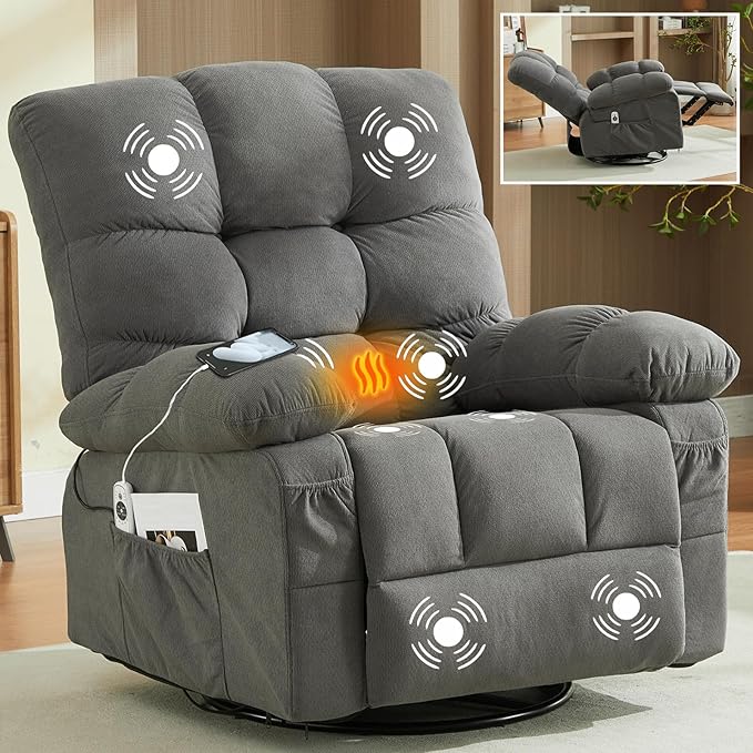 Massage Recliner Chair with Vibration Massage and Heat Recliner Lounge Chair for Living Room with Cup Holder and Side Pocket Recliner Chair for Adults (Grey)