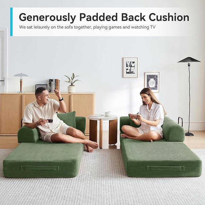 Convertible Floor Sofa Bed with Fixed-Shape Frame King Size Floor Sleeper 5-in-1 DIY Combination Modular Sofa Modular Chenille Folding Mattress Couch for Living Room Bedroom Playroom (Green)