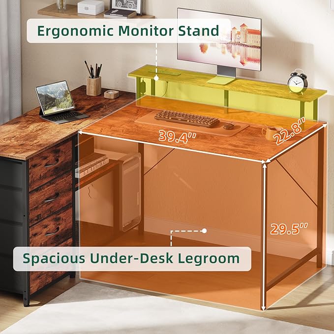 Somdot 53 L Shaped Desk with 4 DrawersHome Office Desks with Power OutletsGaming Desk with USB Charging Port and Host Stand Corner Desk with Storage Shelves for GamingWood Grain Print