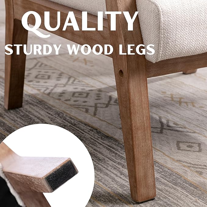 Mid Century Modern Accent Chairs Set of 2 Linen Upholstered Armchairs Comfy Living Room Chairs Single Fabric Lounge Chairs Reading Chairs with Natural Solid Wood Frame Beige