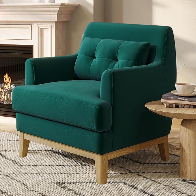 LINSY Oversized Accent Chairs for Bedroom Living Room High Back Large Accent Chair Comfy Reading Chairs for Adults Mid Century Green Velvet Chair with Lumbar Pillow Oversized Armchair