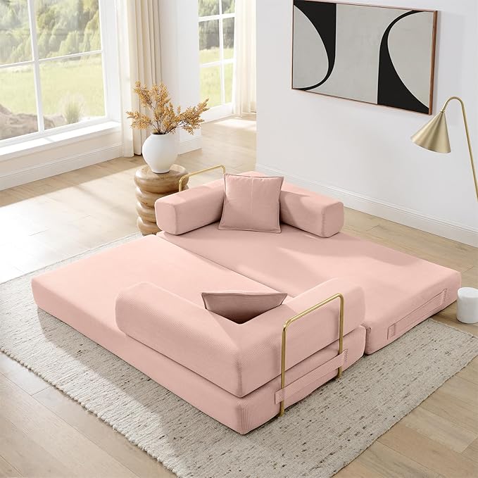 4-in-1 Folding Convertible Floor Sofa Bed 78 Oversized Compression Sofa No Assembly Required King Futon Lazy Couch Corduroy Loveseat Sleeper with Pull Out Bed Modular Futon Couch (Pink)