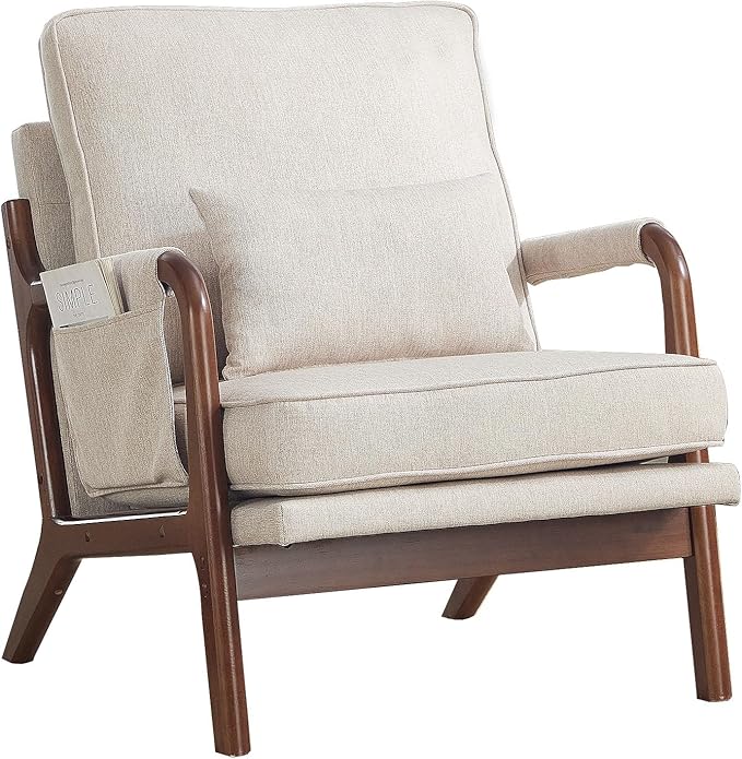 ANJ Mid Century Modern Accent Chair Lounge Reading Armchair with Extra Side Pocket &amp Detachable Cushion Comfy Fabric Accent Chairs for Living Room BedroomBeige